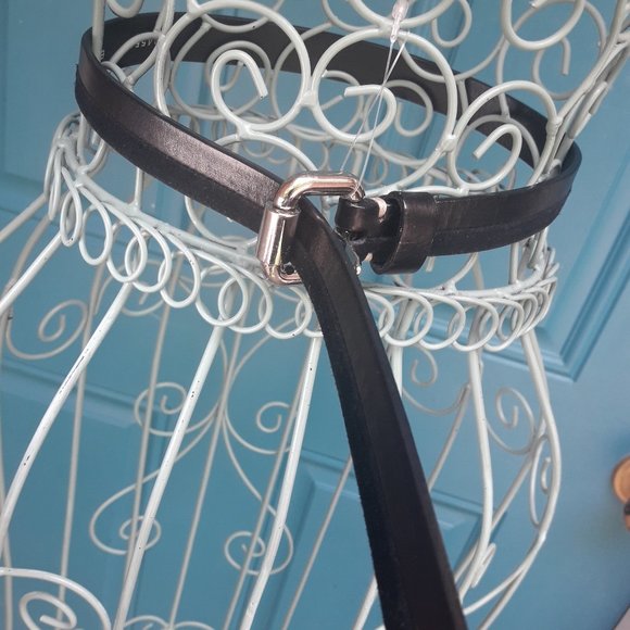 Genuine Leather Belt Thin Two Tone Black Suede Silver Metal Hardware - Picture 3 of 12